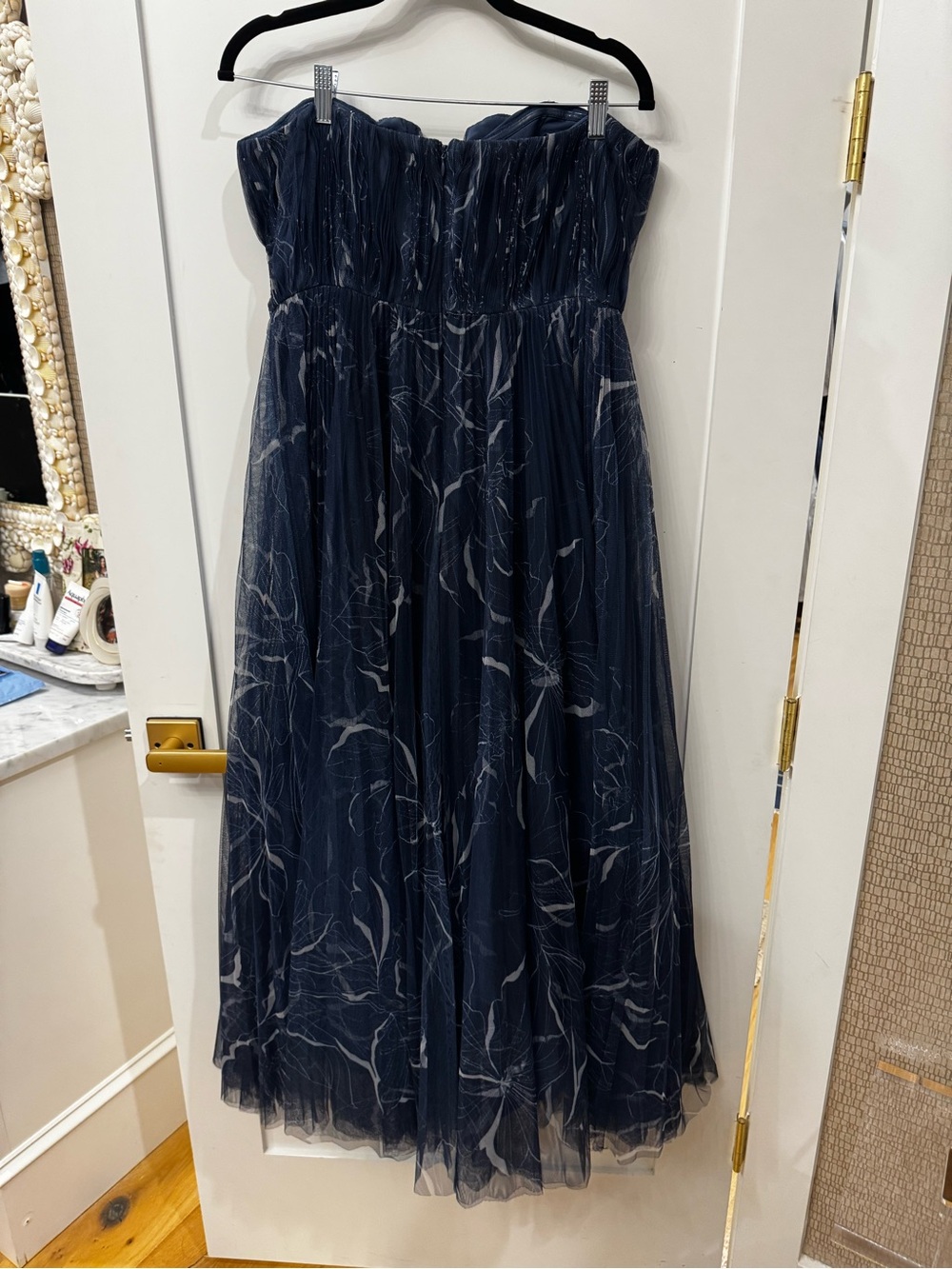 Hutch Strapless Navy Marble-Print Pleated Midi Dress - Picture 5 of 5